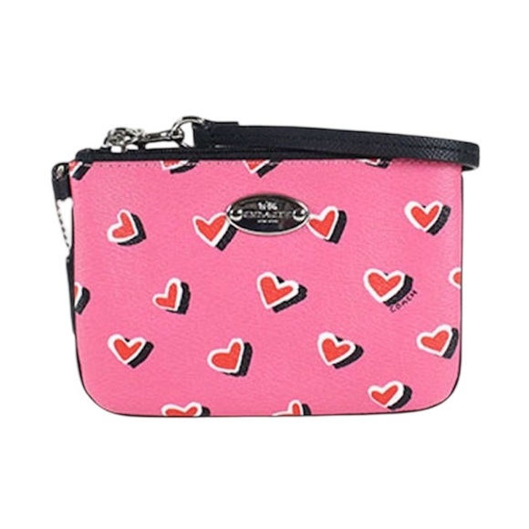 Coach Pink and Red Heart Pattern Wristlet Black Strap NWT - Picture 1 of 7